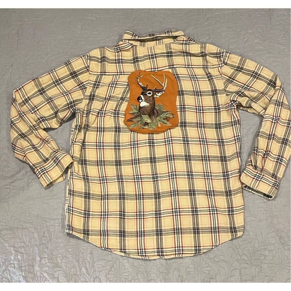 Feelin Groovy Upcycled Button Up Flannel Overaized Large Top Deer Hunt